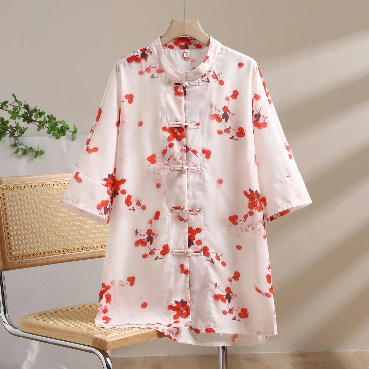 

New Chinese Style Printed Shirt Women's Coat Spring Summer High-End Sensation Sun Protection Button up Loose Fit Polyester