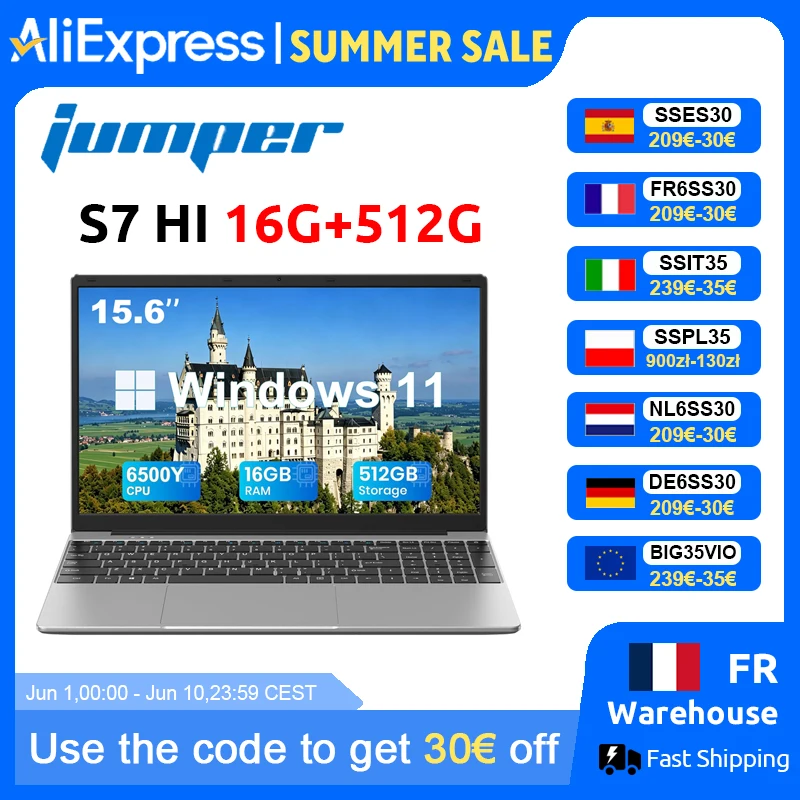 Ordinateur portable Jumper EZbook S7 HI 15,6 pouces, 16 Go de RAM, 512 Go de SSD, processeur Intel 6500Y, Type-C, Mini HDMI