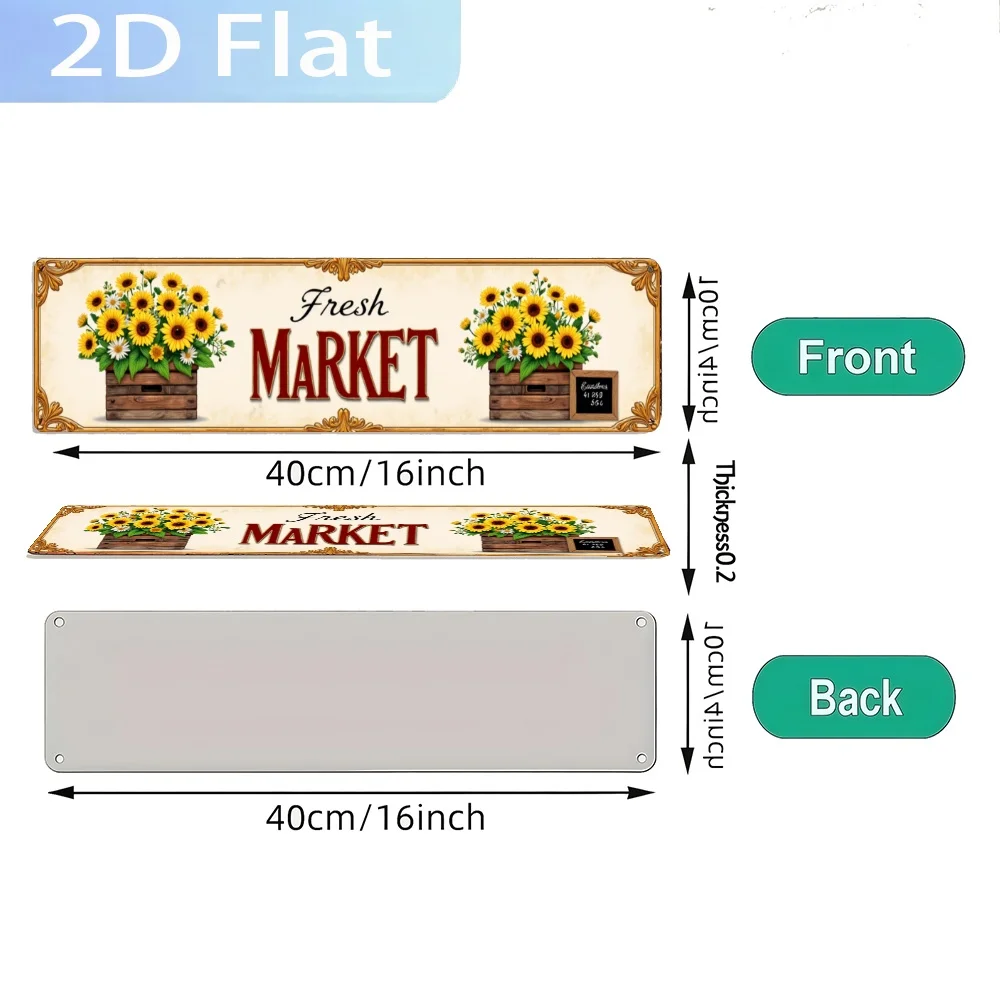 2D Flat, Vintage Sign 'Sunflowers for Fresh Market.', Elegant Wall Art Sign, Perfect for Home, Bathroom, Kitchen