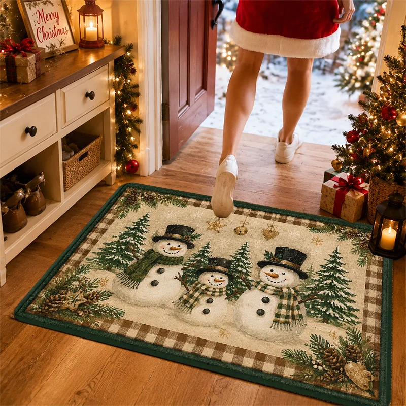 Vintage Three Snowman Doormat Plaid Border Pine Tree Pinecone Print Entry Floor Mat Christmas Holiday Front Door Home Decor