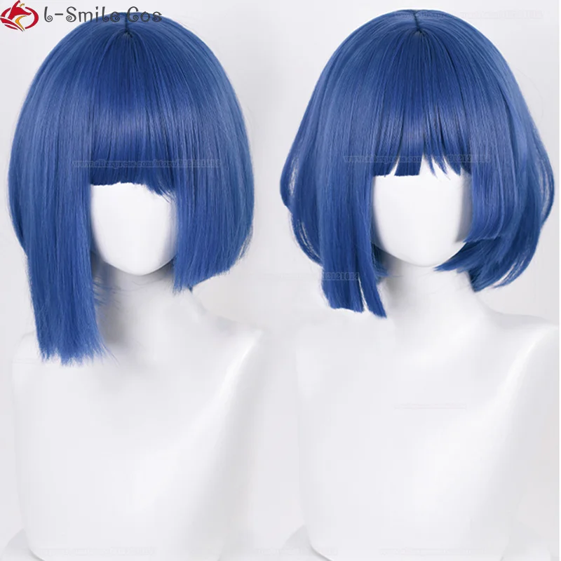 Peruca Cosplay azul curta para mulheres, cabelo sintético resistente ao calor, perucas de festa anime de alta qualidade Yamada Ryo, boné 32cm