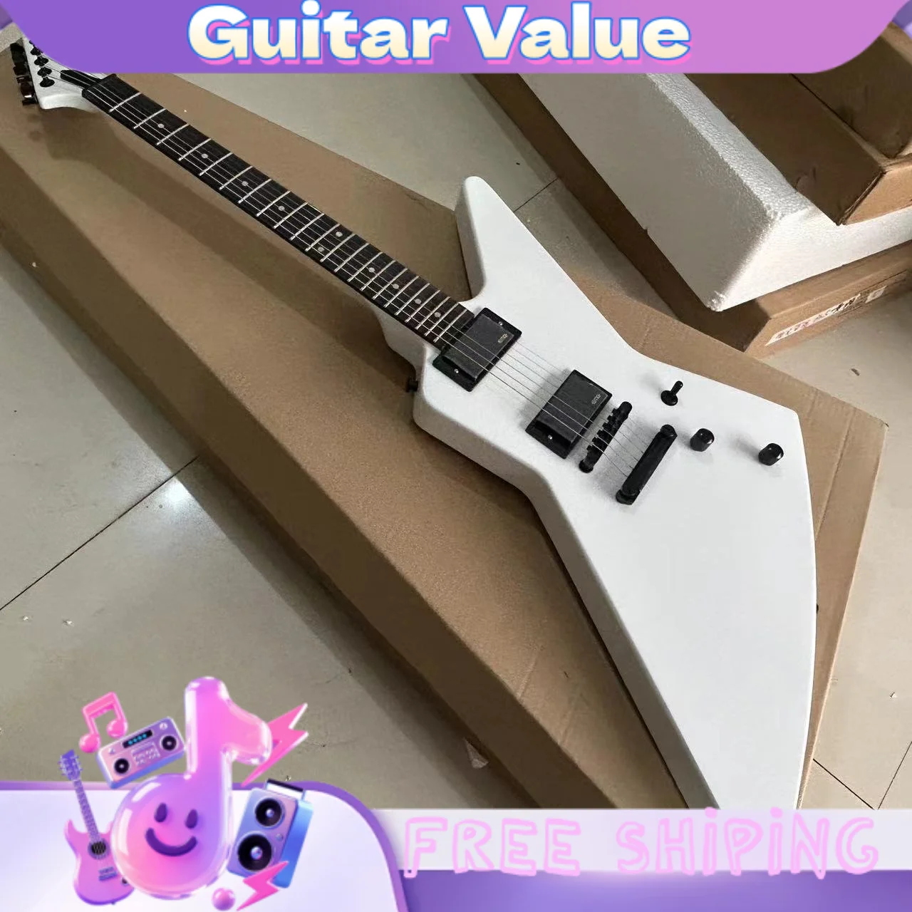 White Shaped Electric Guitar Alien-Shaped Rock Guitar Mahogany Body Maple Fingerboard HH Pickups 22 Tone Dot Fingerboard Inlays view 6