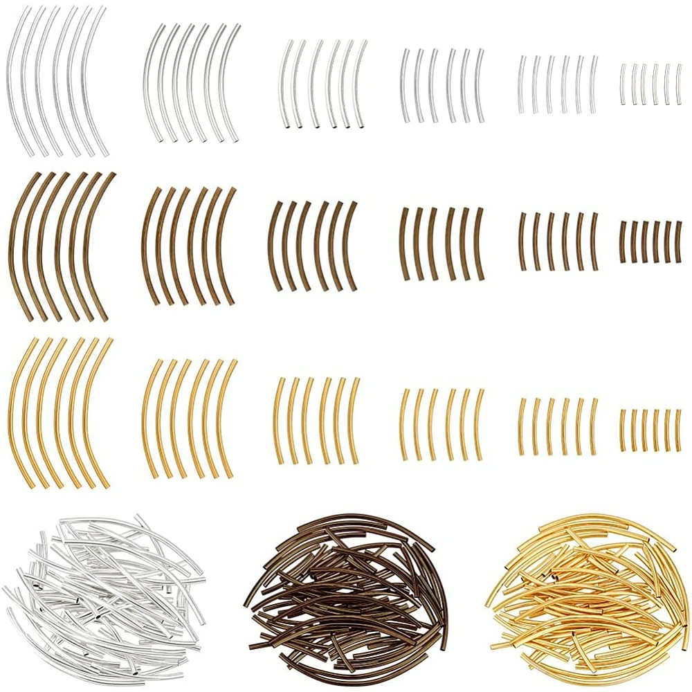 216pcs 6 Size Noodle Tube Beads 3 Colors Brass Curved Tube Beads Vintage Spacer Bead for DIY Memory Wire Bracelet Necklace