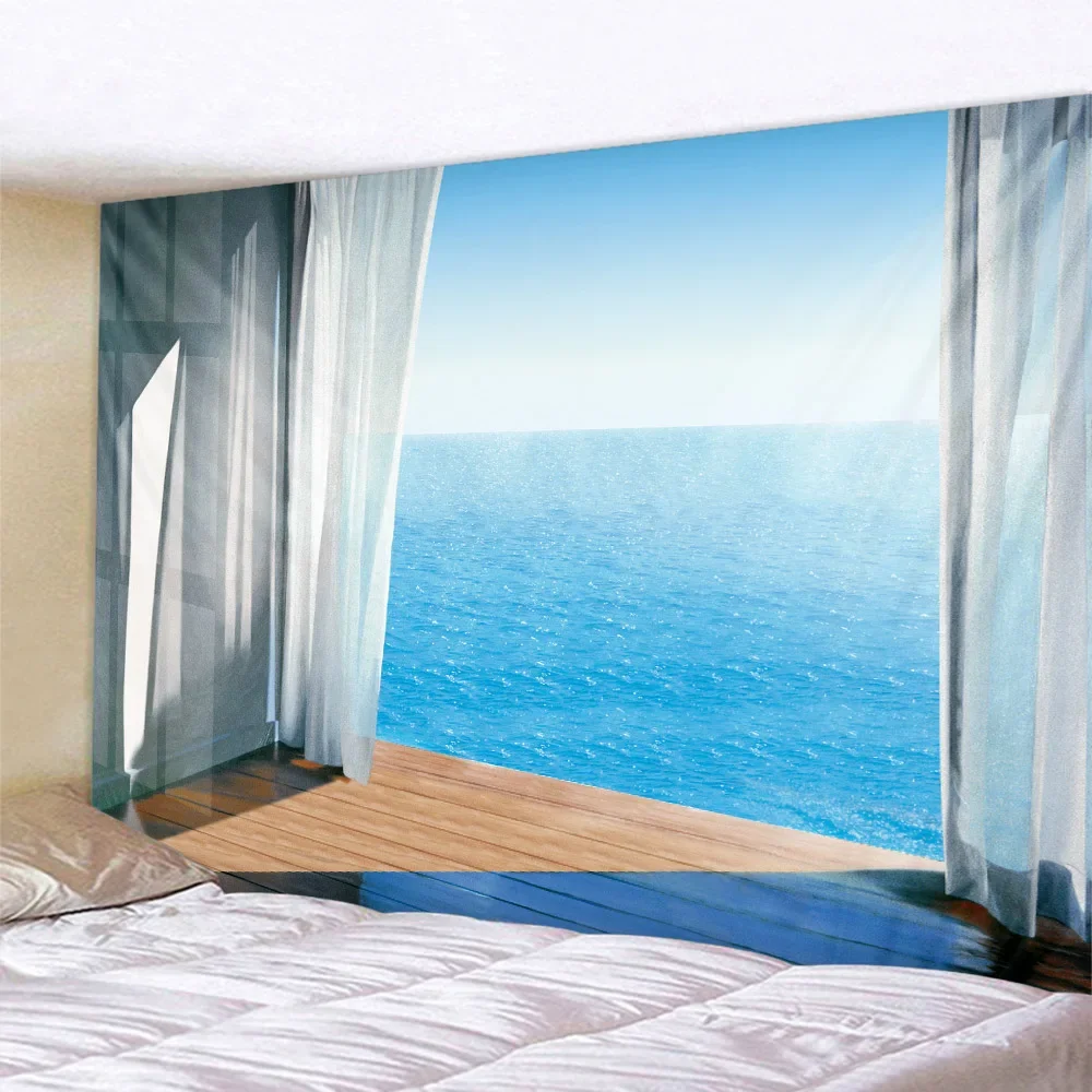 Imitation window landscape tapestry, wall hanging cloth, sea view, waterfall, living room, bedroom, home wall fabric decoration