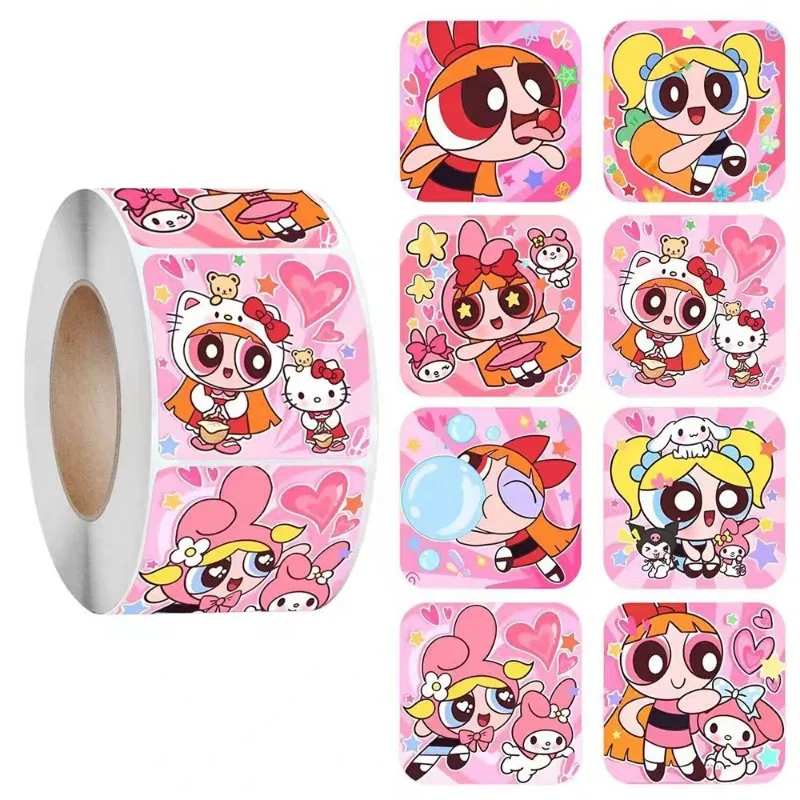 Anime Powerpuff Girl Fluffy Huahua Roll Stickers Cartoon Cute Reward Stickers Gift Seals Holiday Decoration Labels Wholesale