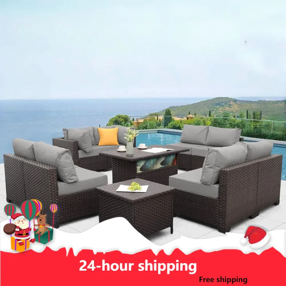 Outdoor Patio Furniture Set Dark Brown Rattan 10 Piece Sectional Sofa PE Wicker Conversation Couch Sets with Storage Table