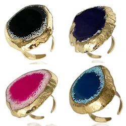 Irregular Big Agate Slice Open Ring for Women Gilrs Resizable Gold Color Natural Stone Finger Jewelry
