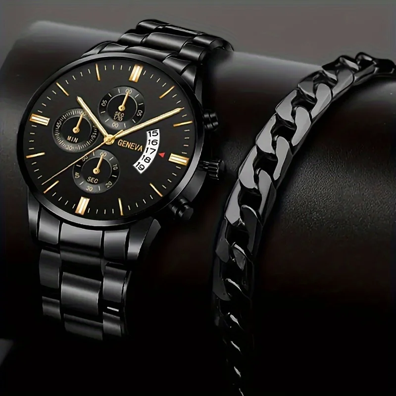 2pcs and 1pcs fashionable men's quartz watches with black dial and gold accents