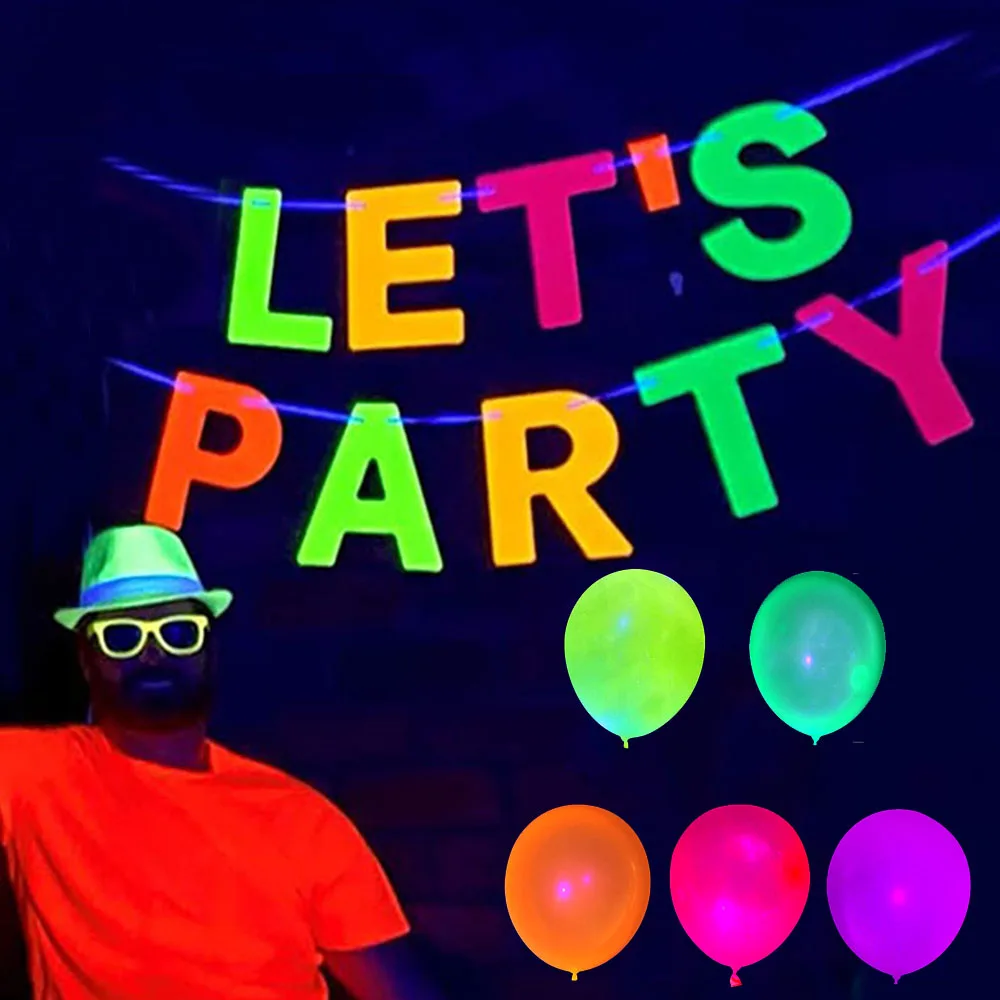 Let’s Party Glow Banner Hanging Garland Reactive UV Fluorescent Balloons Neon Party Supplies UV Glow Party Birthday décor