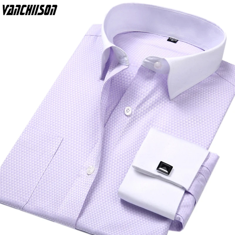 

Men Dress Shirt French Cuffs Dobby Fabric Plus Size 5XL 6XL 100KG 110KG for Summer Spring Long Sleeve Solid Lavender 00608