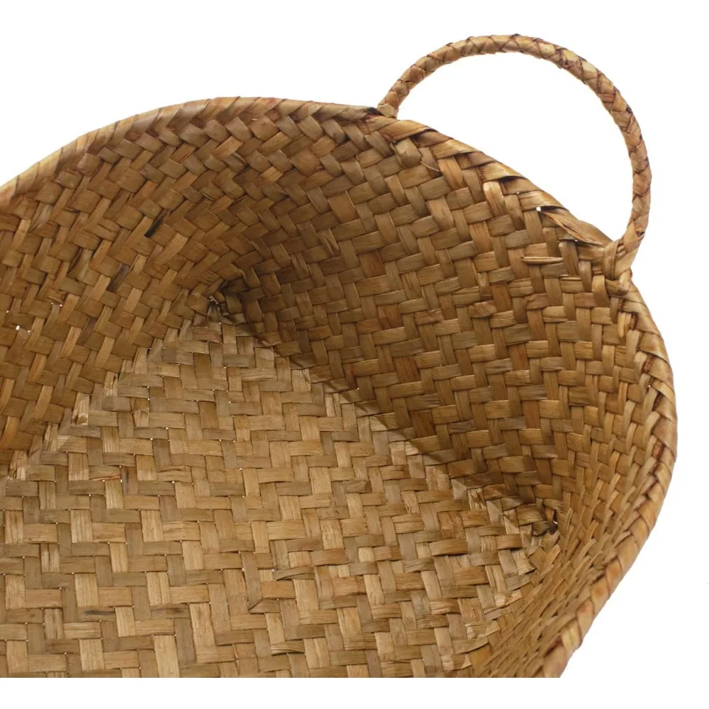 Seegras-Gewebekörbe zur Aufbewahrung, natürlicher Regalmorb mit Griff für Organizer, stapelbar, oval, 3er-Set (groß + mittel + klein)