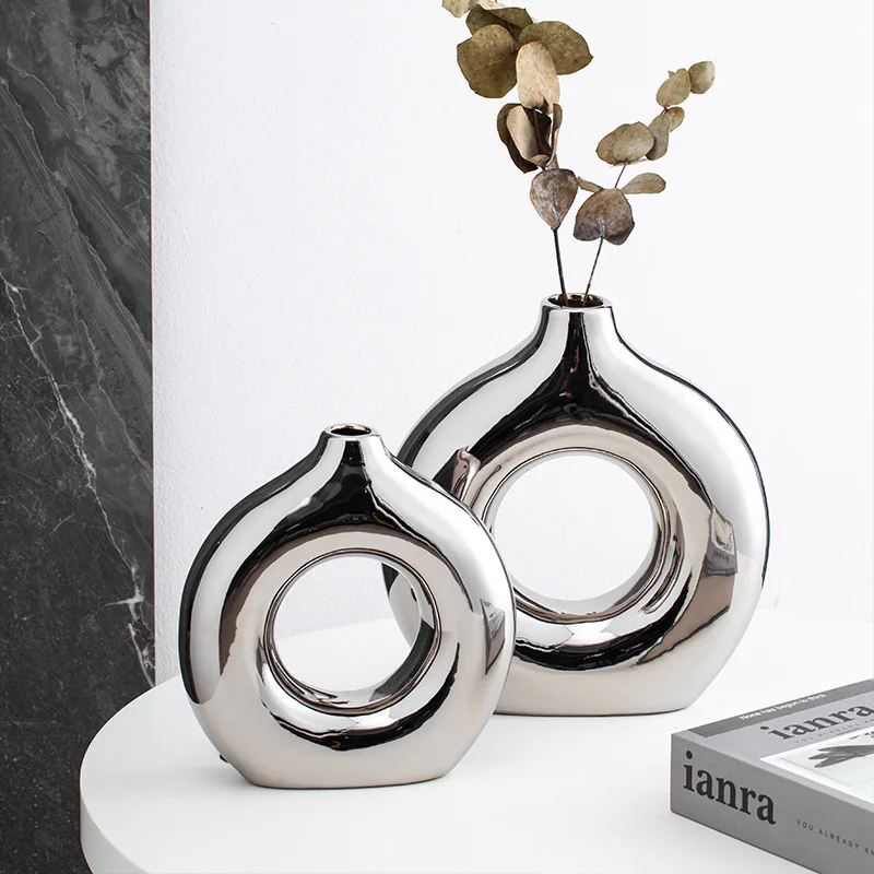 Silver Ceramic Vase Round Hollow Artwork Flower Arrangement Accessories Circle Vases Home Decoration Pots