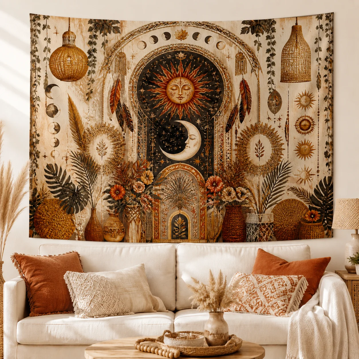 Boho Sun and Moon Tapestry Wall Hanging Celestial Aesthetic Tapestry for Bedroom Dorm Room Living Room Decor Hippie Wall Art