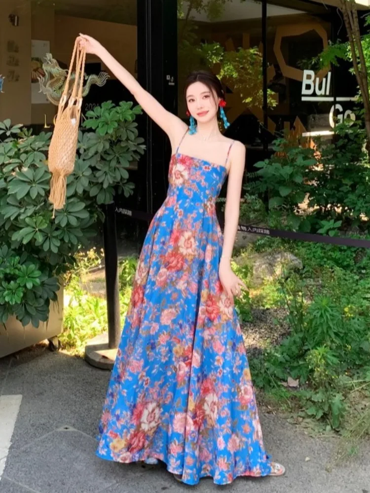 レトロな青い花柄プリントのテル・ド・ビーチ・ヴァイオン美しいユニークなルーズロングスカート夏の綿ポリエステル
