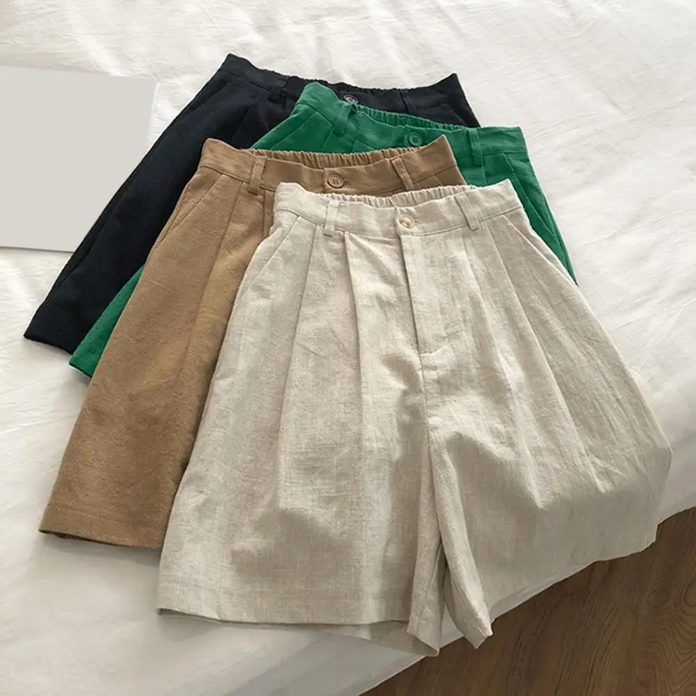 Breathable Cotton Linen Shorts Japanese Retro High Waist Wide Leg Bermuda Shorts Suit Casual Summer Woman Loose