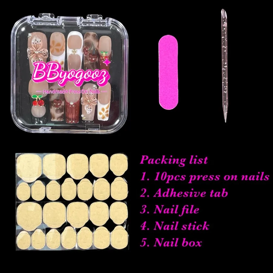 الصحافة اليدوية على الأظافر مربع ثلاثية الأبعاد زهر الكرز الأزهار ليوبارد الفرنسية الأظافر وهمية مع تصميم قابلة لإعادة الاستخدام الاكريليك الأظافر كاذبة ل