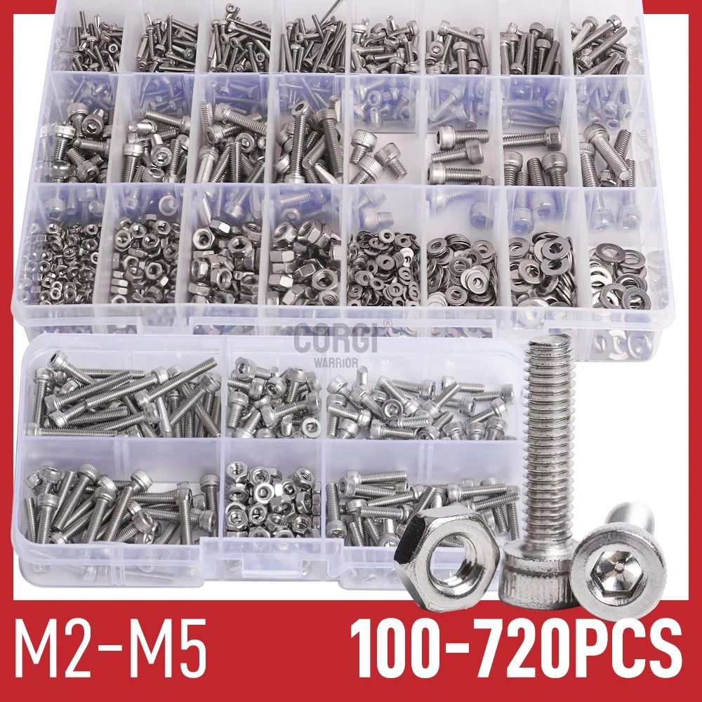 720-100 Pcs Hex Socket Head Cap Screw Accessories Kit DIN912 M2 M2.5 M3 M4 M5 A2-70 304 Stainless Steel Allen Bolt Nuts Tool Kit