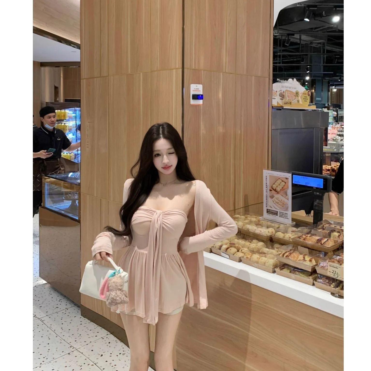 Ladies Summer Pink Long Sleeve Sun Protection Open Cardigan Set with Sash Tube Top Tank Top Two Piece Set Comfortable Loose Fit