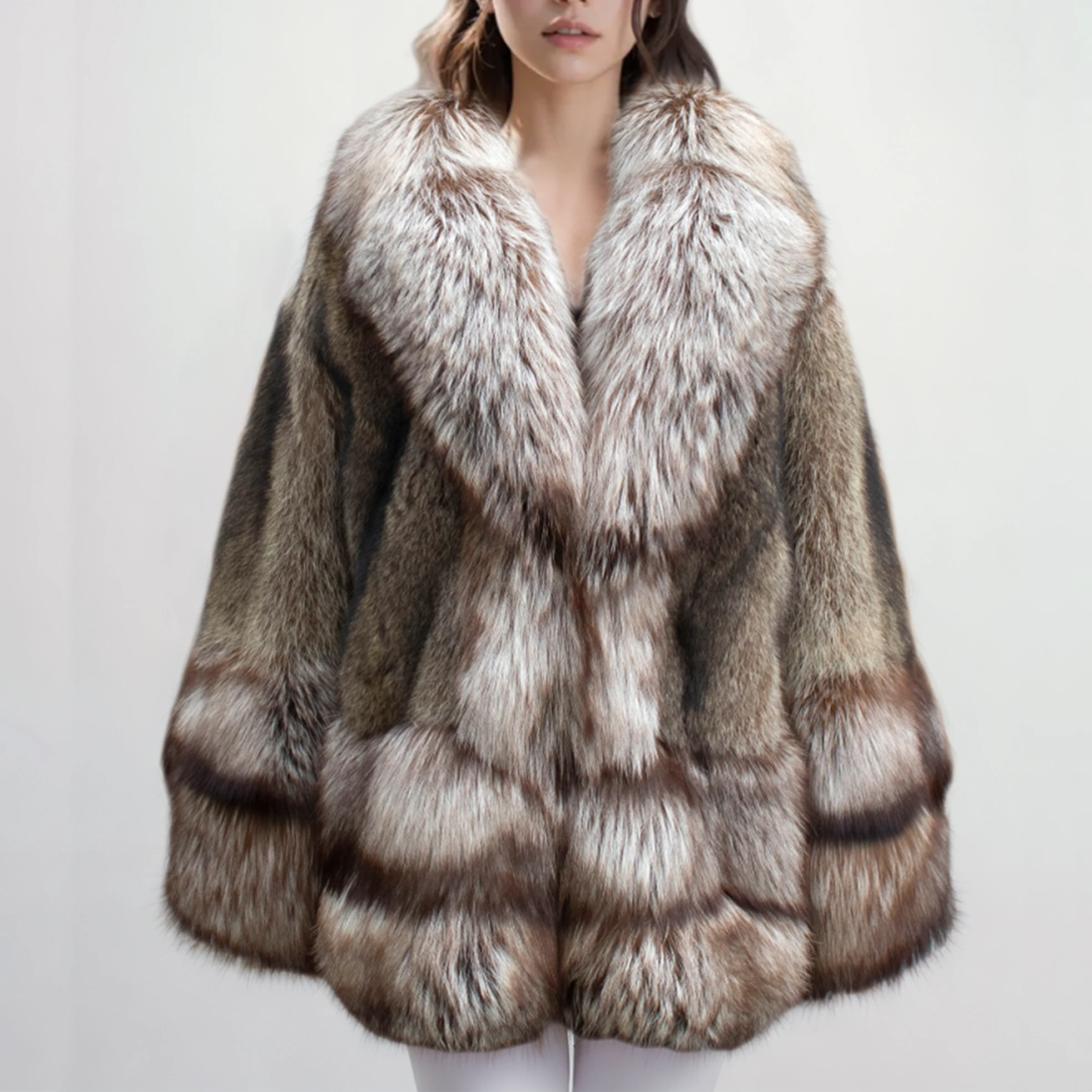 Damski płaszcz z prawdziwego futra szopa pracza z kołnierzem i mankietami z futra lisa srebrnego, ciepła kurtka zimowa, modny płaszcz.