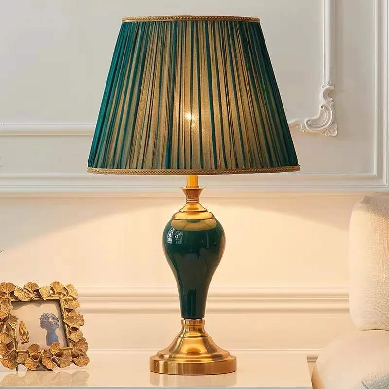 

OUDELADI Chinese Style Green Ceramic Table Lamps European Cloth Cover Living Room Bedroom Bedside Study Decor Table Lamp