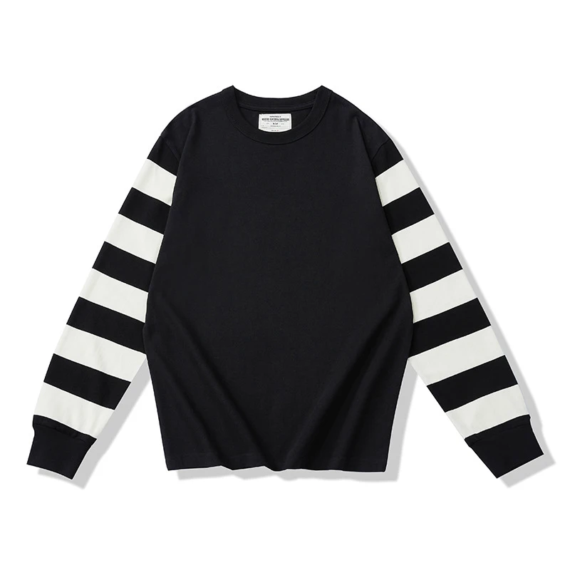 Heavy Weight Long Sleeve T Shirt Men Spring Autumn Vintage Knitted Round Neck Striped Motorcycle Tshirt Punk Casual Tops