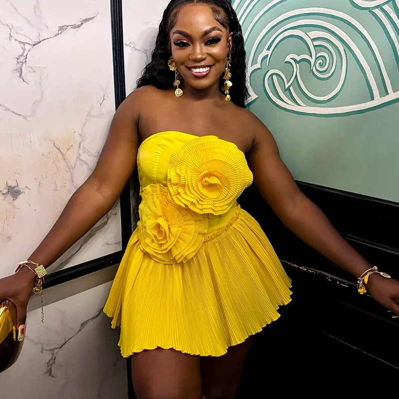 2025 nieuwe Mode Vrouwen Strapless 3D Bloem Mouwloze Bodycon Mini Jurk Zoete Sexy Verjaardag Avond Night Party Club Vestidos