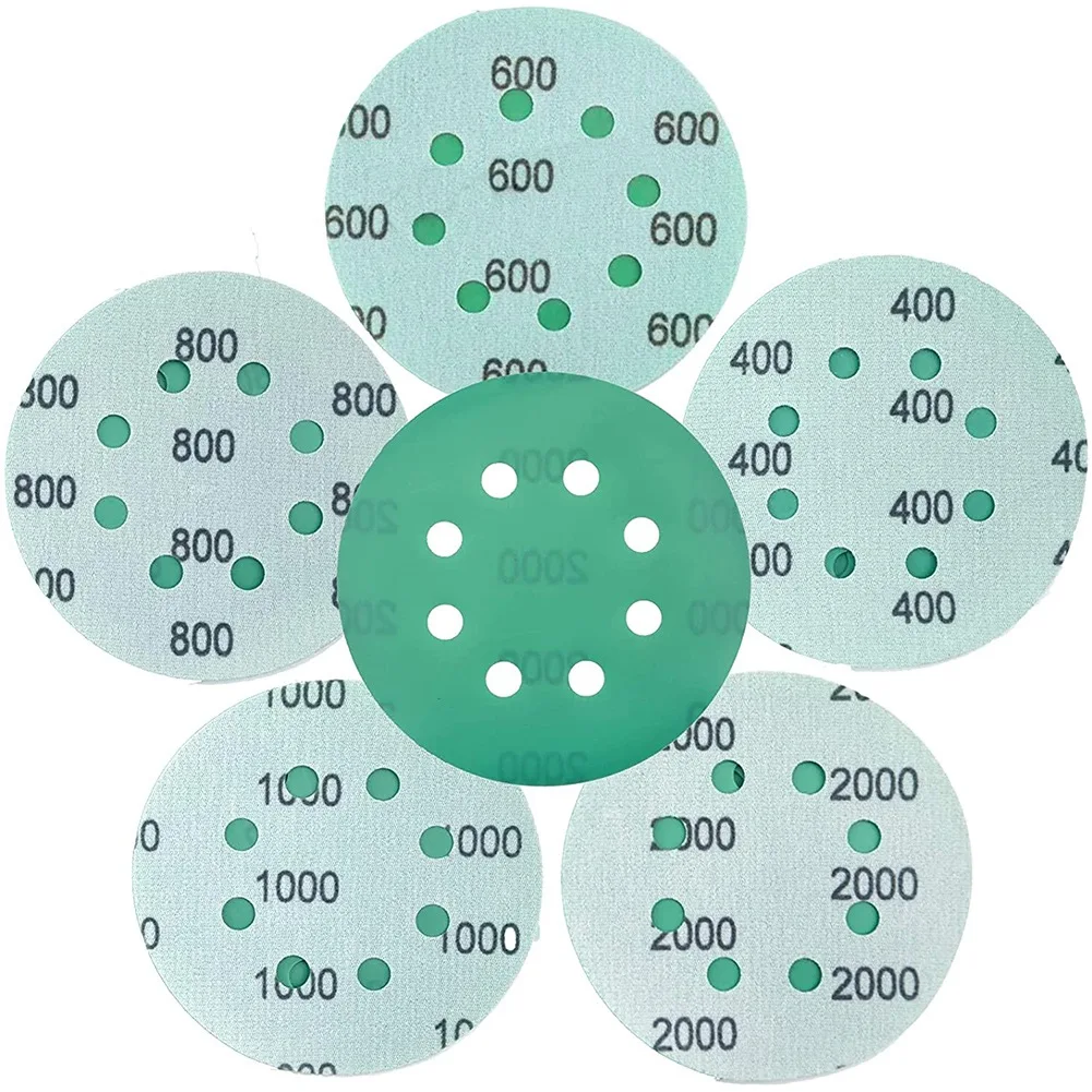 

5Inch 8 Hole Green Film Sanding Discs,400 600 800 1000 2000 Grit Sanders Paper for Wood Metal Car Plastic