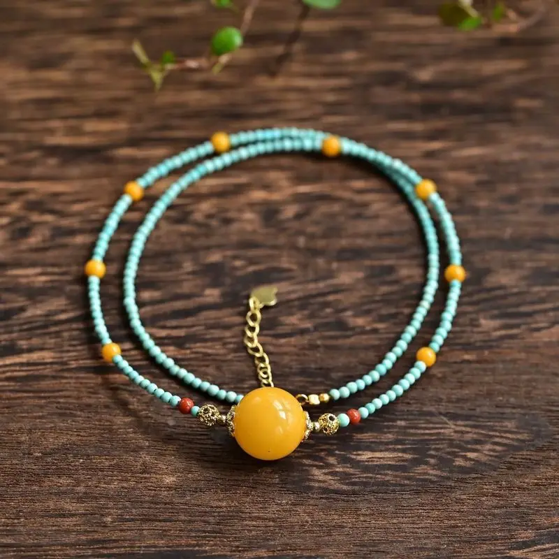round bead clavicle chain necklace chicken oil yellow old amber size 13mm high-quality porcelain natural turq