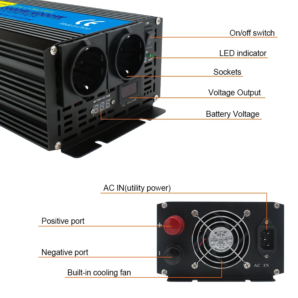 2000W/4000W UPS Inverter With 15/8A Charger Pure Sine Wave DC12/24V To Ac 220/230V Solar Inverter