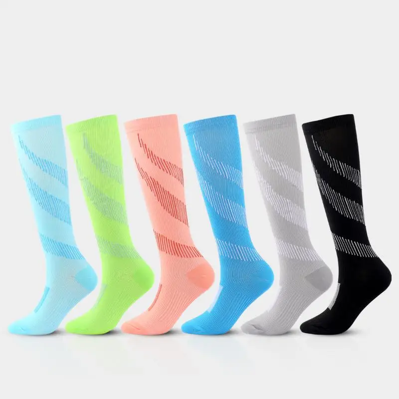 6pair  New Striped Color Pressure Socks Women Men Fashion Casual Nylon Compression Sport Knee High Stocking Nurse