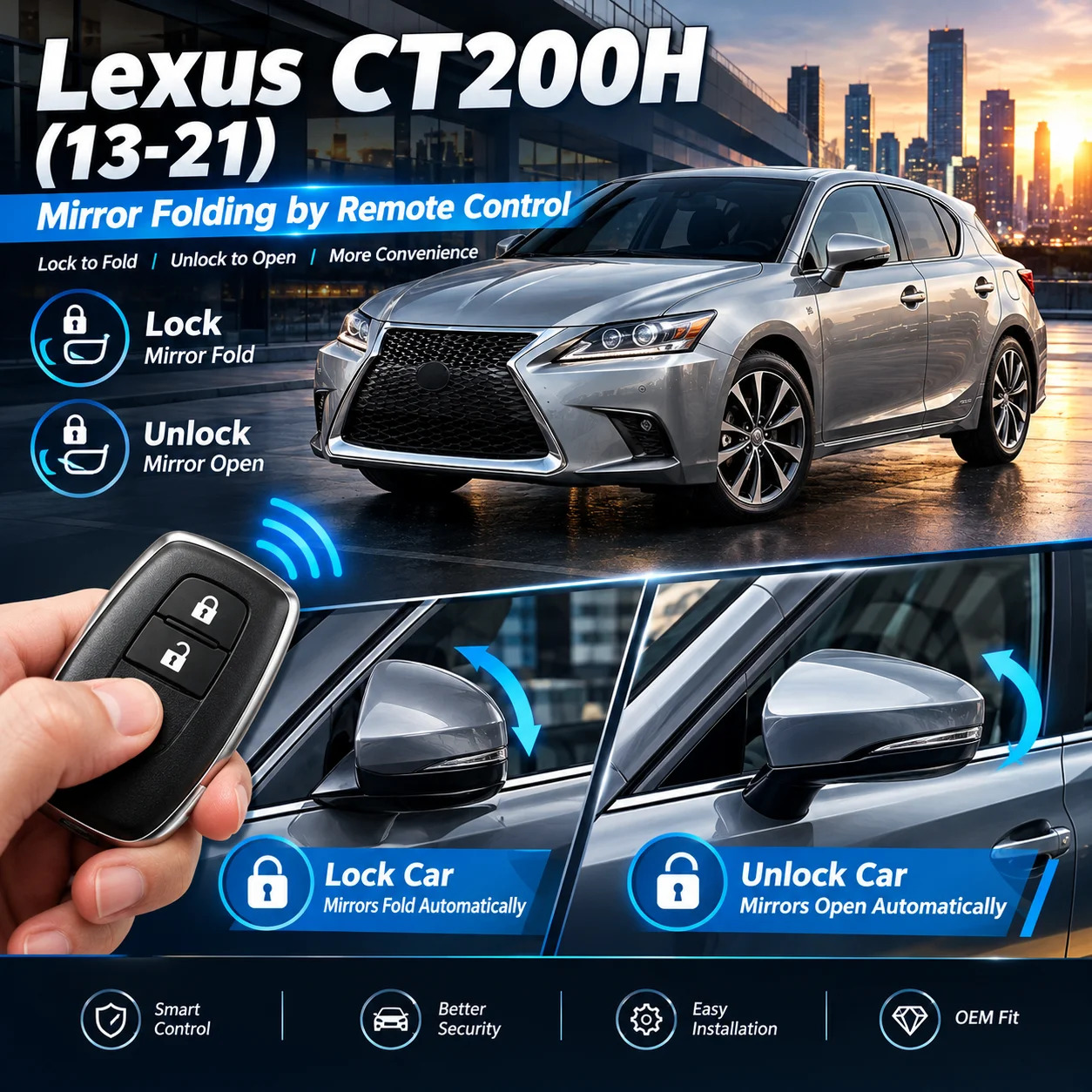 Aftermarket accessory for Lexus CT200H (2013–2021): automatic side-mirror folding upon locking and unfolding upon unlocking.