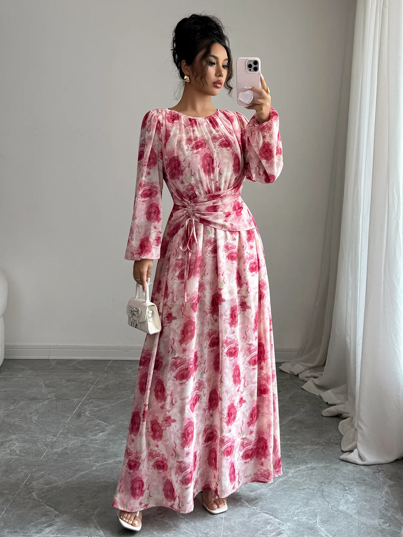 Andere Midi Thanksgiving Day Langarm Polyester Muttertag Elegantes Kleid A-Linie Herbst Andere pflegeleicht Damen Rundhalsausschnitt