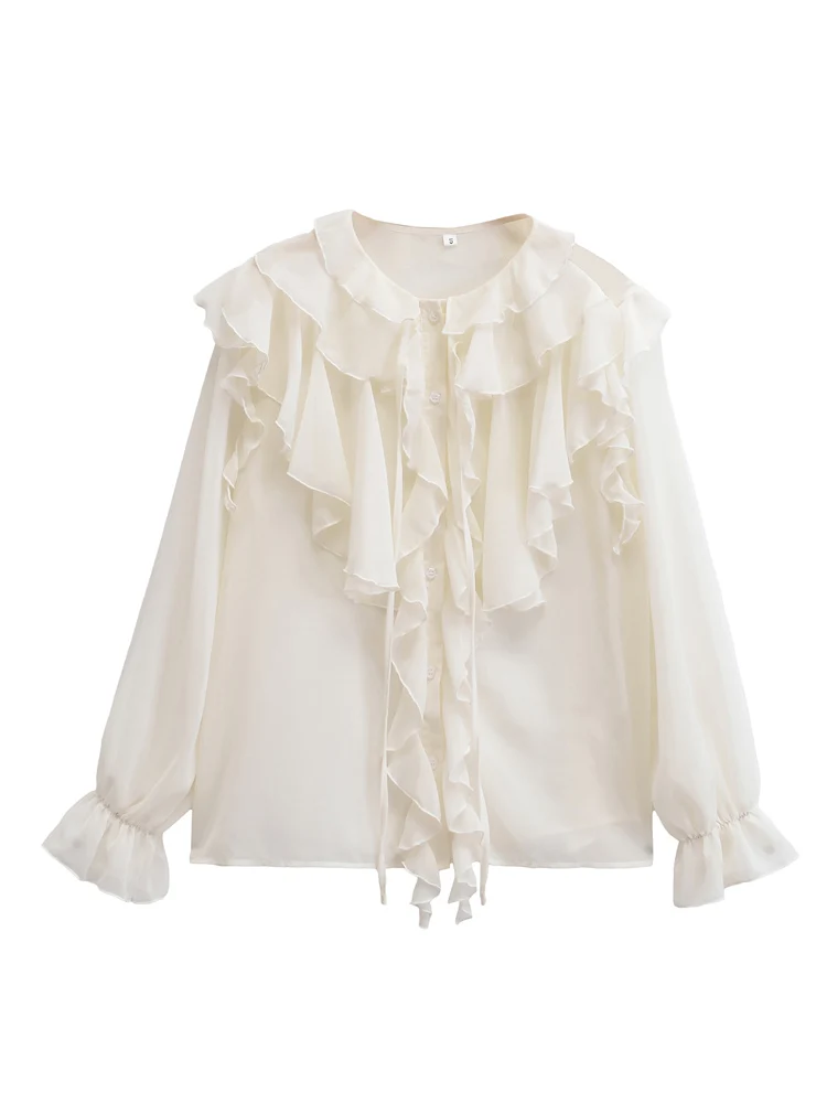 KAOPU ZA Women with tie ruffled semi-sheer shirt vintage o-neck long sleeves button-up female blouses blusas chic tops