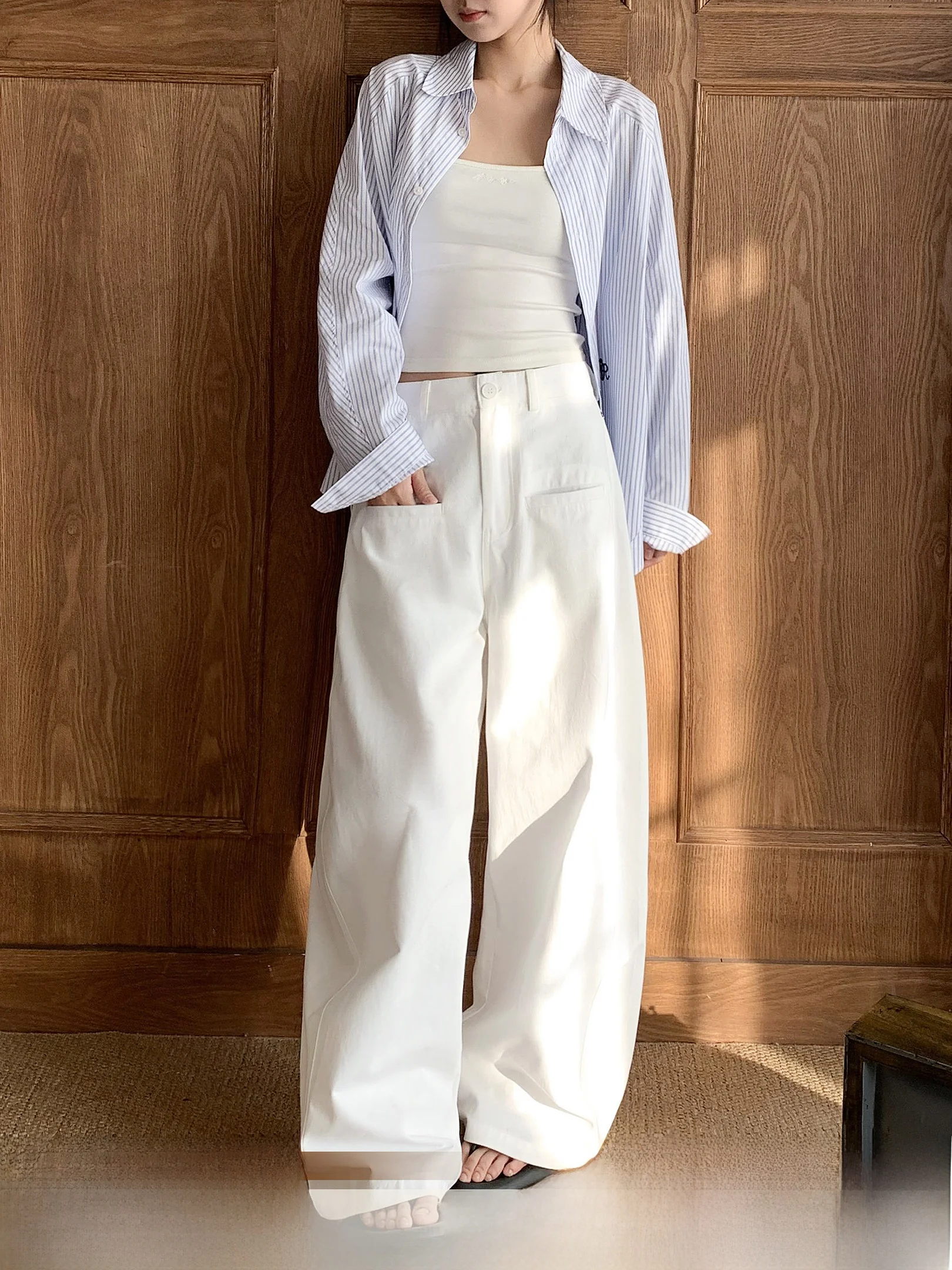 

Белые свободные повседневные брюки-кюлоты с высокой талией, однотонные, новинка 2026 года, на пуговицах, из хлопка, женские