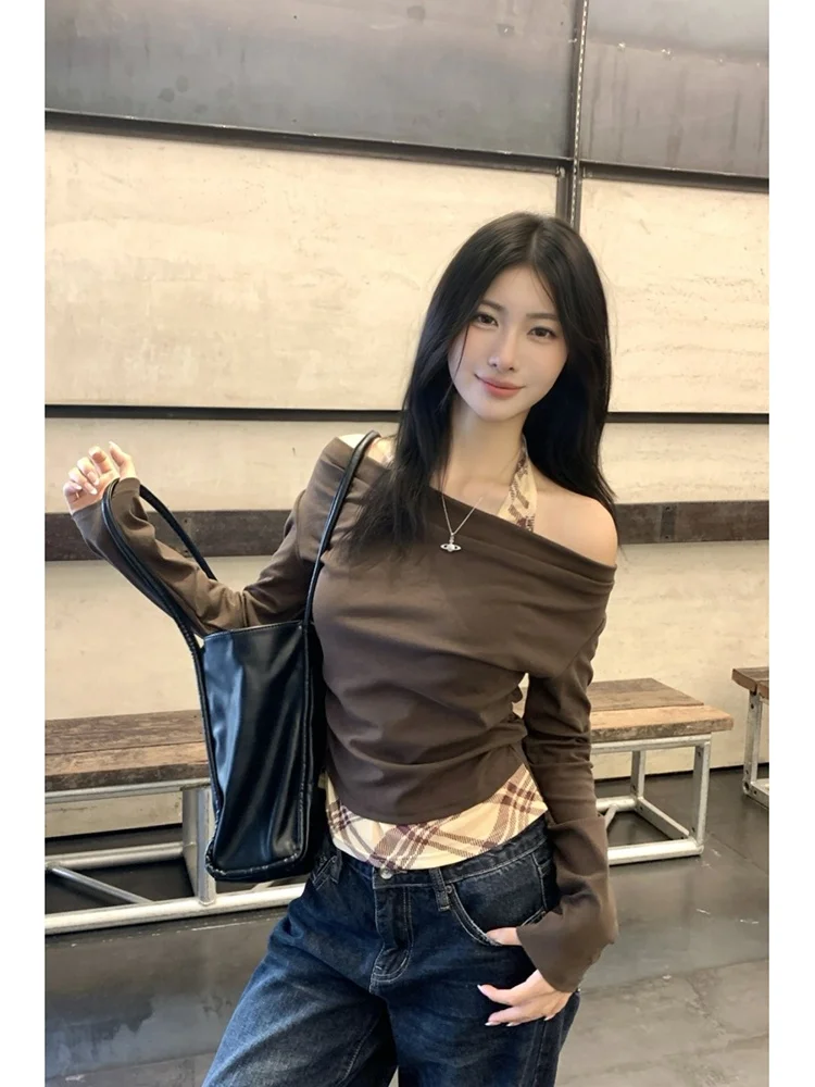 スリムフィットチェック柄パッチワーク吊りネックTシャツ女性用ロングスリーブベースシャツセクシーガールスリーブフェイクツーピース秋新作