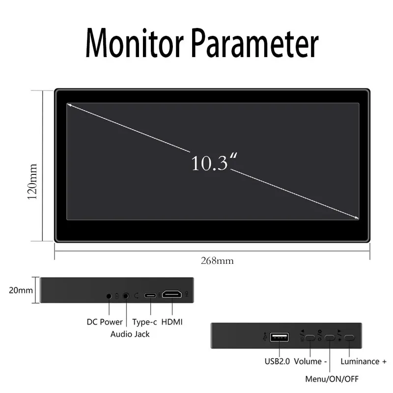 Touch screen Monitor 10.3 Inch Portable 1920x720 Long Bar IPS HDMI Type-C For Mac Laptop PC Chassis Temperature Display