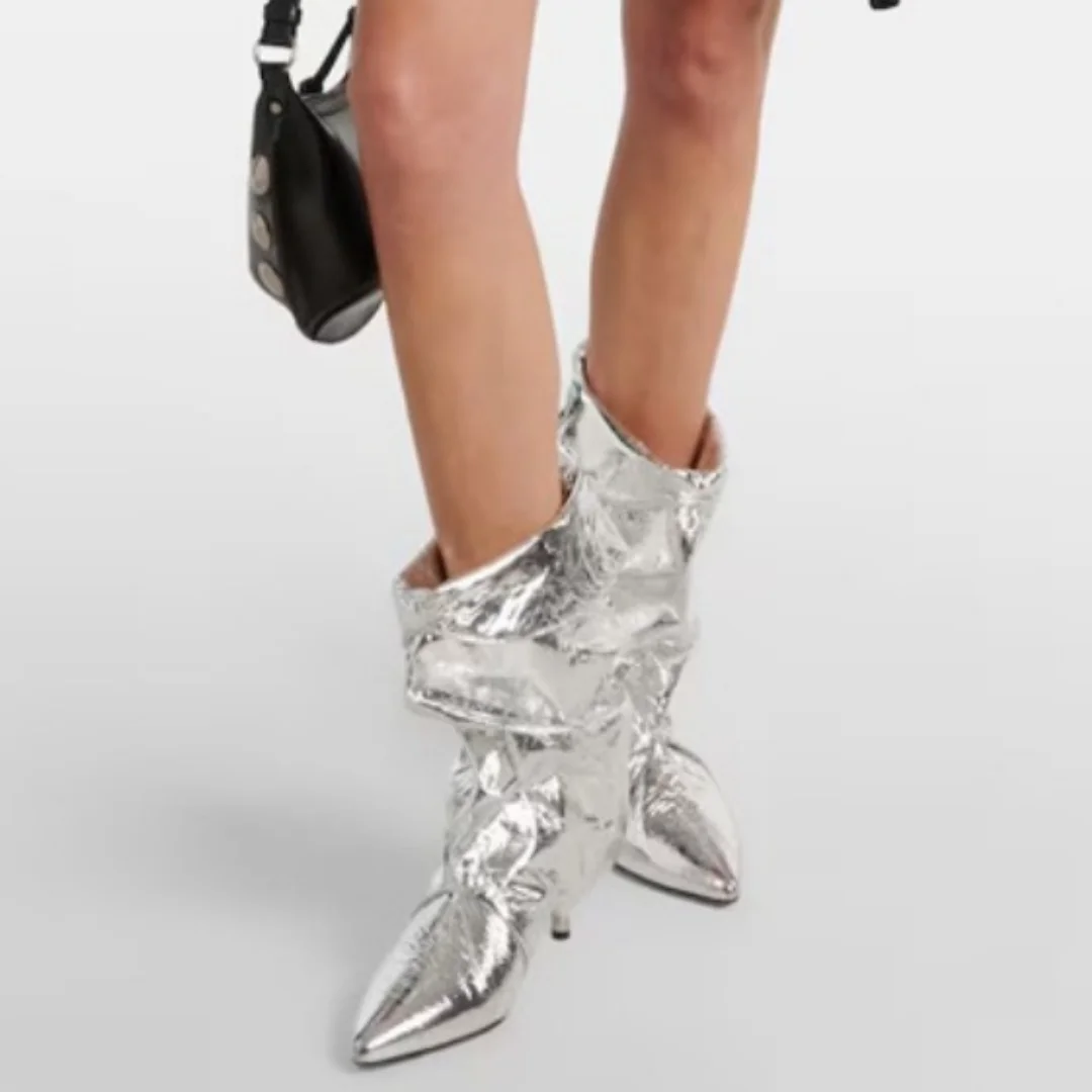 

Pleated Pile Western Boots Large Size Sleeve Stiletto Heel Short Ankle Boot Hot Girls New V-Neck Pointed Toe Folding Kitten Heel