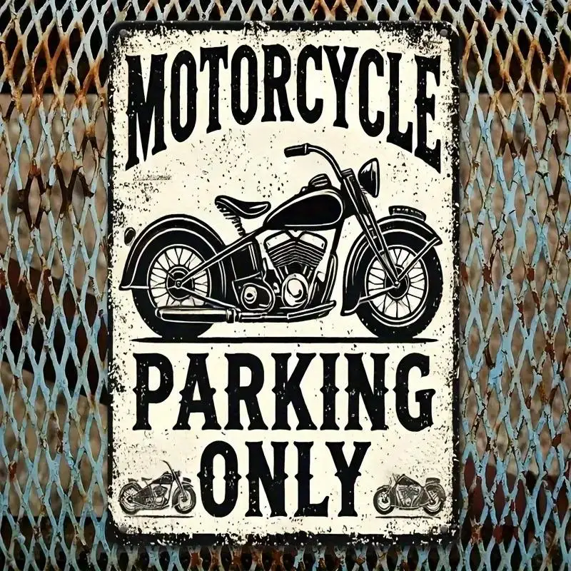 One vintage motorcycle parking sign - distressed black and white wooden wall decoration, suitable for homes, cafes, bars