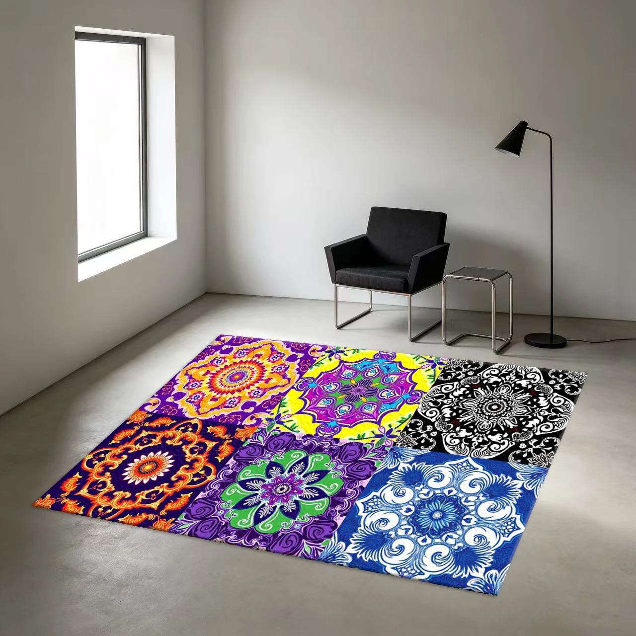 Bright Multicolor Mandala Patchwork Carpet Bohemian Ethnic Decorative Printed Carpet Living Room Non-Slip Floor Mat Bohemian Style Home Decoration