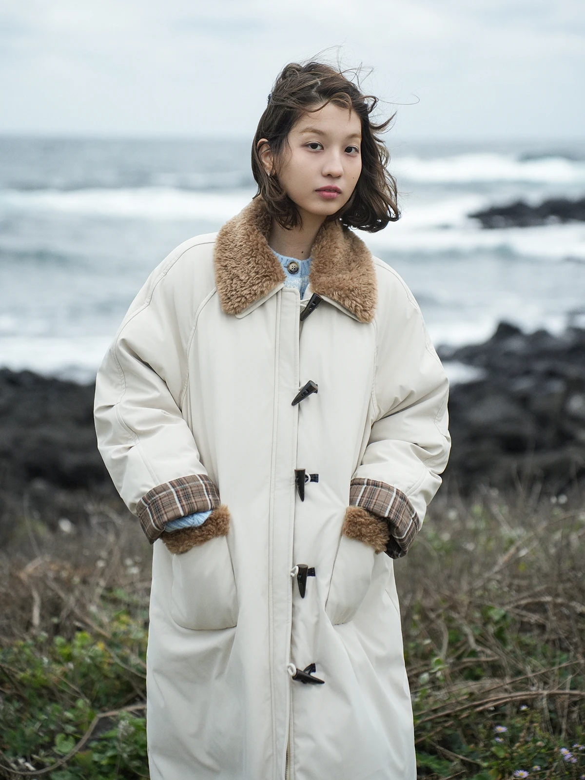 

Botanique Long down Jaet White Du Feather Removable Fur Collar Button Design Winter Warm Casual Sle Women's Coat