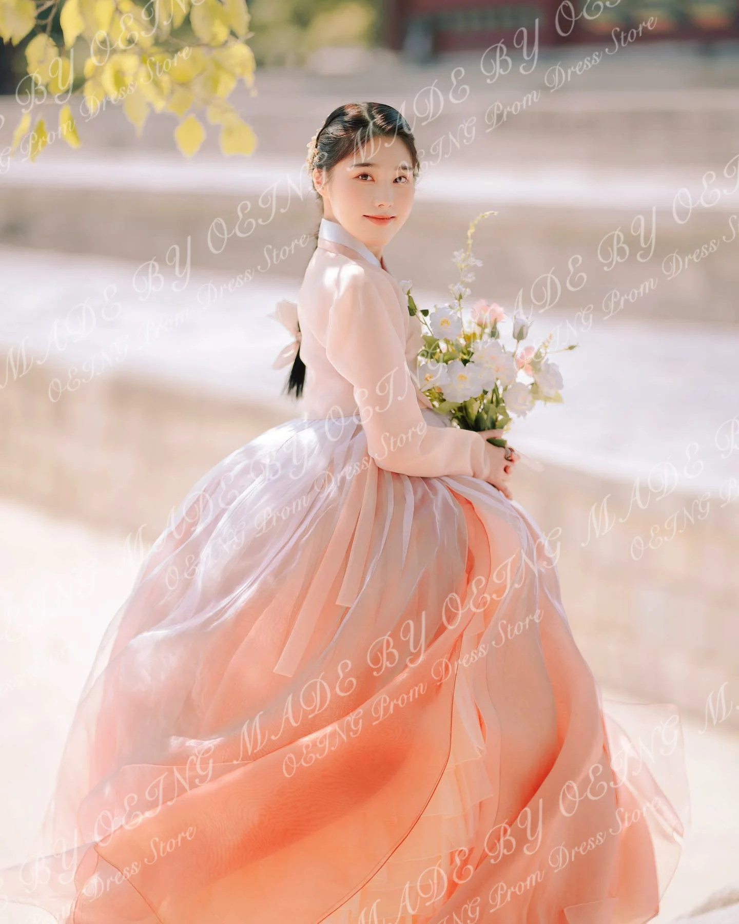 OEING Korea Blush Pink Porm Dresses Elegant Organza Long Sleeves Floor Length Tulle Tiered A Line Evening Gowns For Photo Shoot