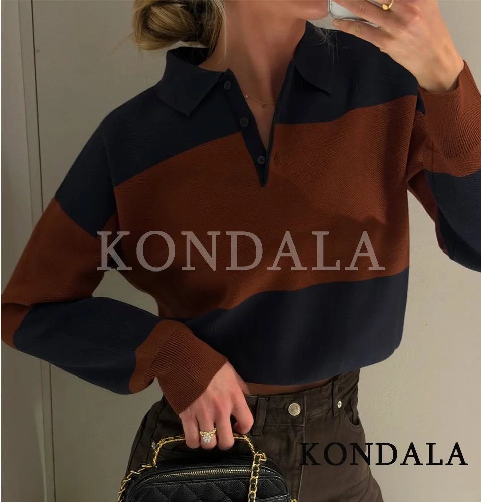 

KONDALA Fall Knitted Striped Polo Collar Sweater Women Elegant Pullover Sweater 2025 Autumn Fashion Commute Casual Lady Tops