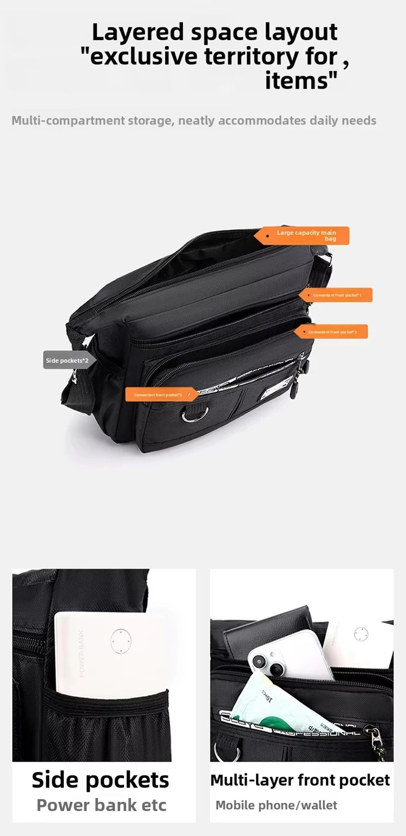 Herren-Umhängetasche, Crossbody-Schultertasche, kleine Sling-Tasche für Arbeit und Business, wasserdichte Oxford-Tasche, Umhängetasche 2026 – Detail 8