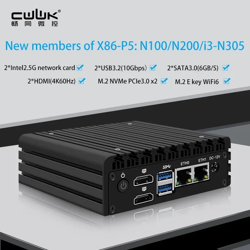 CWWK X86 P5 Fanless Mini PC 12th Gen N305/N100 DDR5 4800MHz 2x i226-V 2.5G LAN HDMI2.1 Proxmox Server