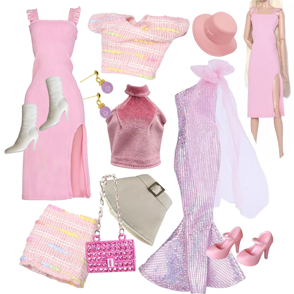 1/6 Doll Clothes Accessories Sweet Fitted Knitted Dress+Sparkling Evening Gown+High Heels+Shoulder Bag For 30cm Babi Supermodel