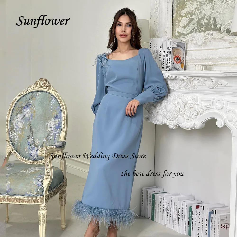 Sunflower Blue Appliques Square Collar Crepe Mermaid Evening Dresses Saudi Arabia 2023 Slim Feathers Floor-Length Party Gowns