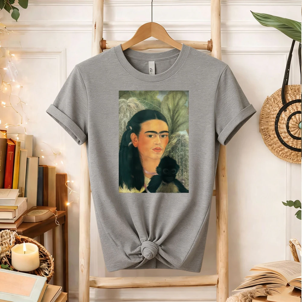 Frida Kahlo T-Shirt Women Vintage Self-Portrait with Monkey Graphic Tee Mexican Artist Casual Short Sleeve Cotton Top Retro Boho