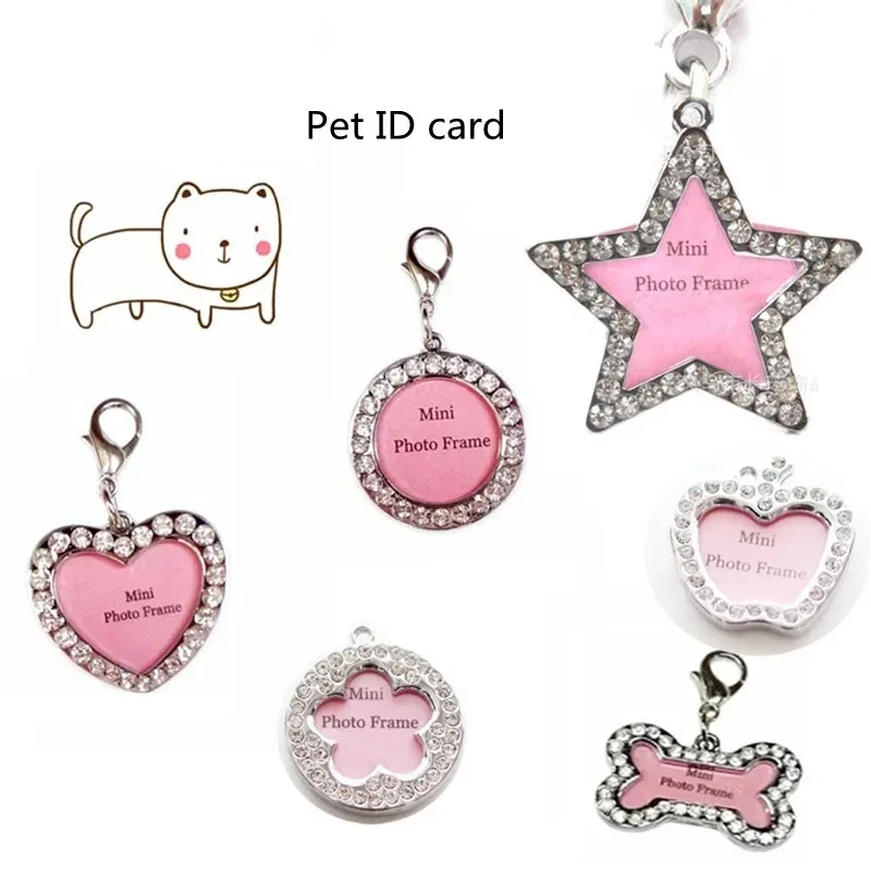 Dog ID Tag Pet Cat Collar Pendant Crystal Photo Frame Bone Heart Dog Tag Handwriting Name Phone Number Address Anti-lost Fashion