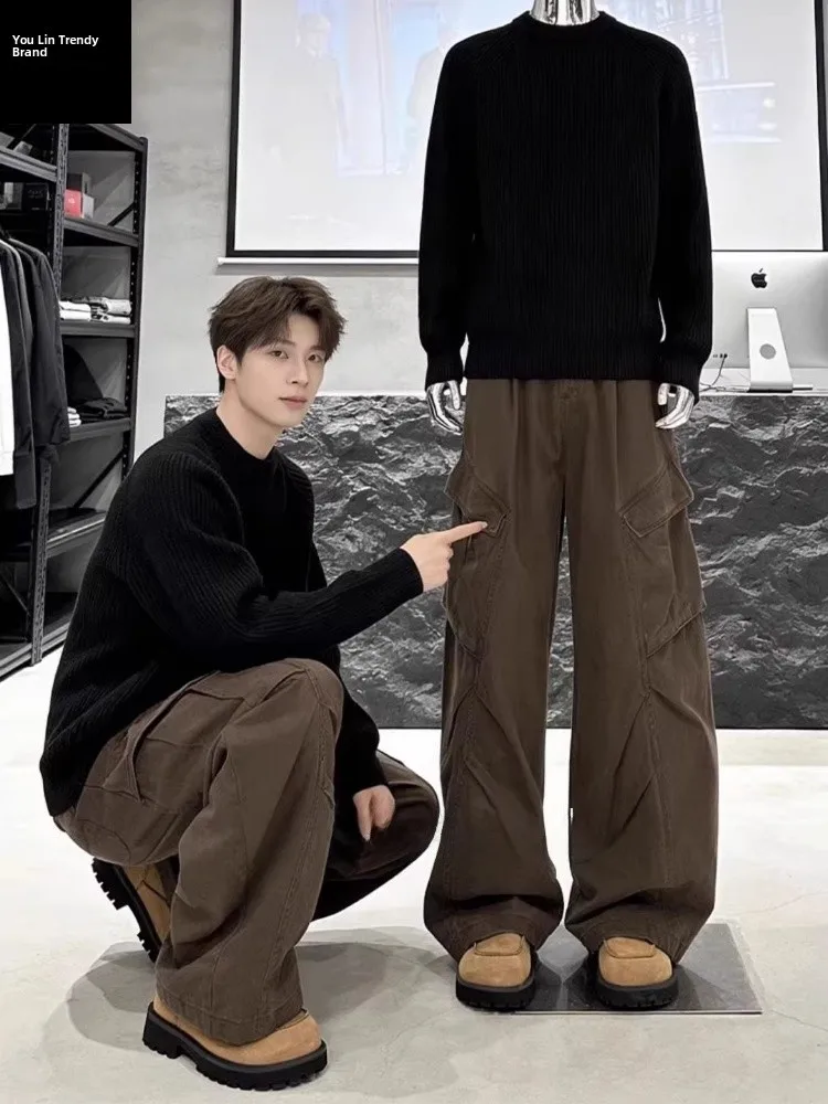 

Ce Brown American Retro Pleated Work Pants Men's Trendy Brand Deconstructed Mural Straight High Waist Lift Micro Flare Pants