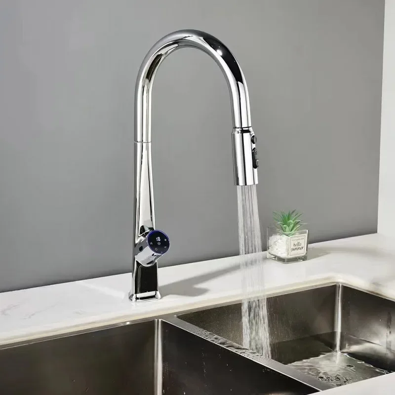 Brass Pull Out  Sink Faucet Temperature Display Push Switch Hot And Cold Mixer Water